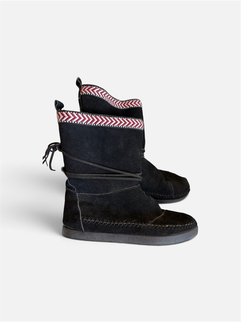 Toms Black Suede Nepal Moccasin Boots with Red Chevron Trim 8.5